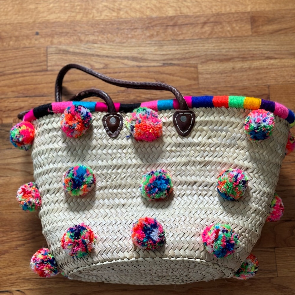 Soeur Du Maroc Multicolor Pom Pom Woven Straw Beach Tote